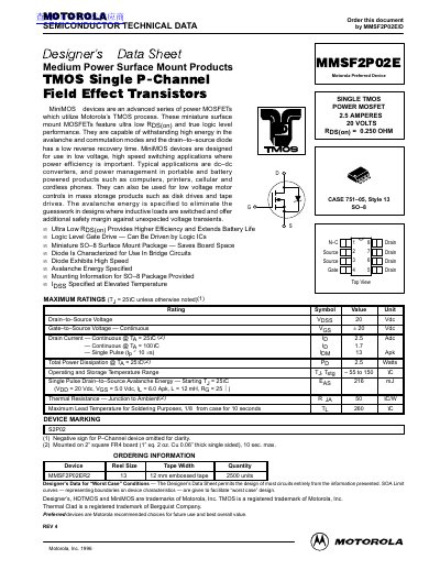 Motorola MMSF2P02E P-Channel MOSFET Designer's Data Sheet - cover page
