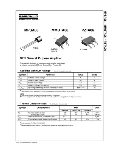 Fairchild MPSA06/MMBTA06/PZTA06 NPN General Purpose Amplifier Datasheet - cover page