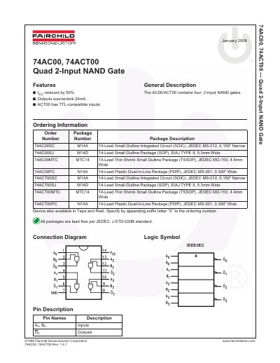 Fairchild Semiconductor 74AC00, 74ACT00 Quad 2-Input NAND Gate Datasheet - cover page