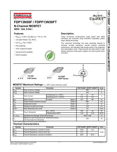 Fairchild FDP13N50F/FDPF13N50FT N-Channel MOSFET Datasheet - cover page