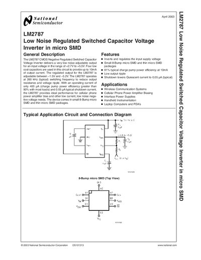 National Semiconductor LM2787 Low Noise Regulated Switched Capacitor Voltage Inverter Handbook - cover page
