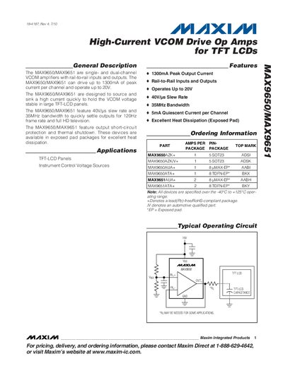 Maxim Integrated MAX9650/MAX9651 High-Current VCOM Drive Op Amp Datasheet - cover page