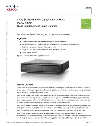 Cisco SLM2008 8-Port Gigabit Smart Switch Datasheet - cover page
