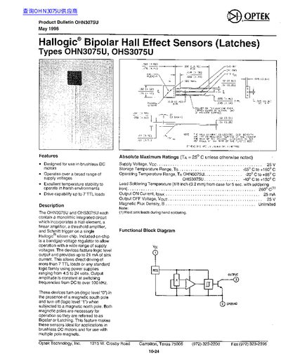 Optek OHN3075U/OHS3075U Hall Effect Sensor Datasheet - cover page