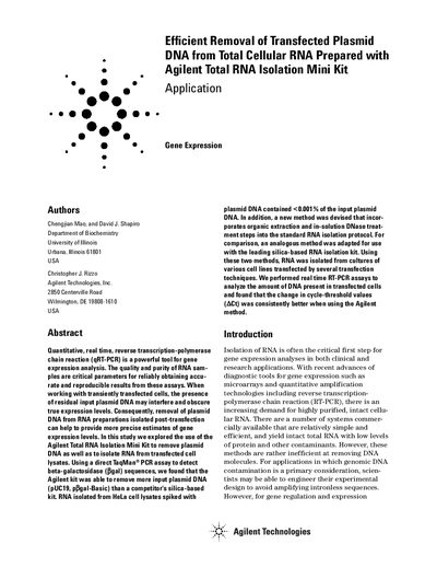 Agilent Total RNA Isolation Mini Kit Application Note - cover page