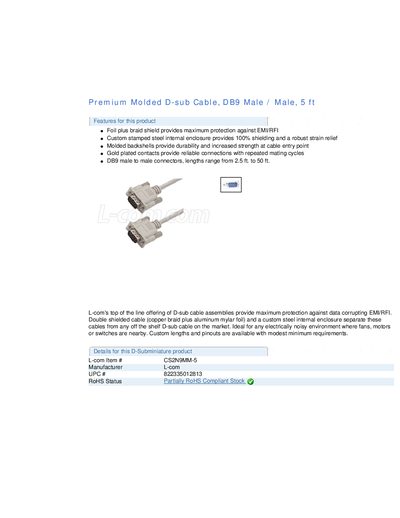L-com CS2N9MM-5 DB9 Male‑Male D‑Sub Cable Product Leaflet - cover page