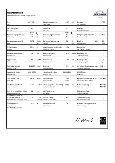 Birkenbeul 5AP71M-4 Three-Phase Cage Motor Datasheet - cover page