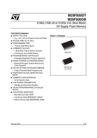 STMicroelectronics M29F800DB Flash Memory Datasheet - cover page