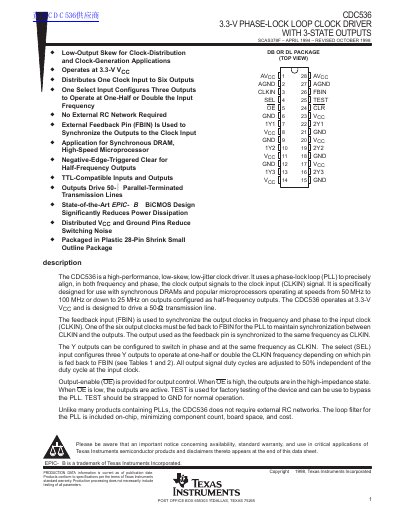 TEXAS INSTRUMENTS CDC536 3.3-V PHASE-LOCK LOOP CLOCK DRIVER WITH 3-STATE OUTPUTS handbook - cover page