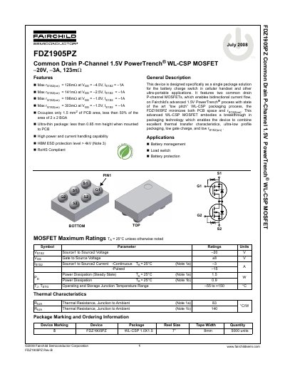 Fairchild FDZ1905PZ Common Drain P-Channel MOSFET Datasheet - cover page