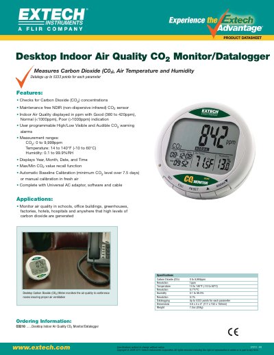 Extech CO210 Desktop Indoor Air Quality CO2 Monitor/Datalogger Specifications Sheet - cover page
