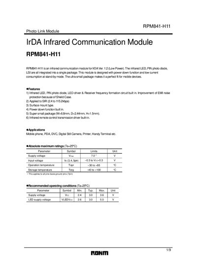 ROHM RPM841-H11 Infrared Communication Module Datasheet - cover page