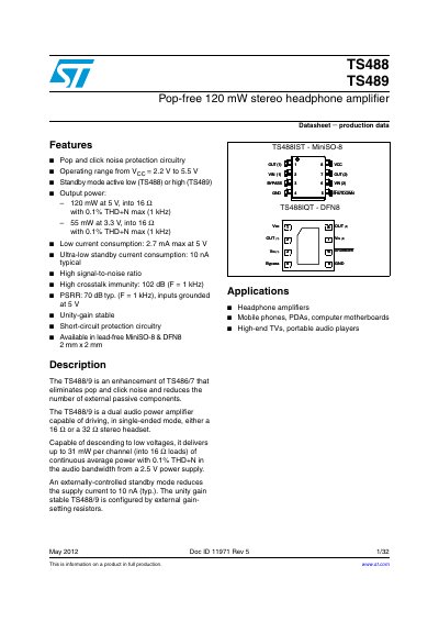 STMicroelectronics TS488/TS489 Stereo Headphone Amplifier Datasheet