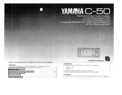 Yamaha C-50 Stereo Control Amplifier Owner's Manual - cover page