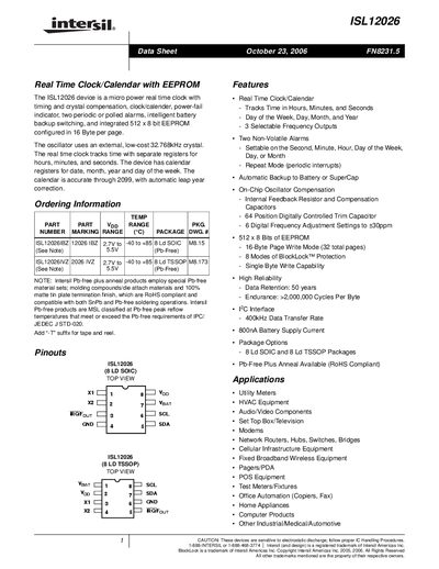 Intersil ISL12026 Real Time Clock Datasheet - cover page