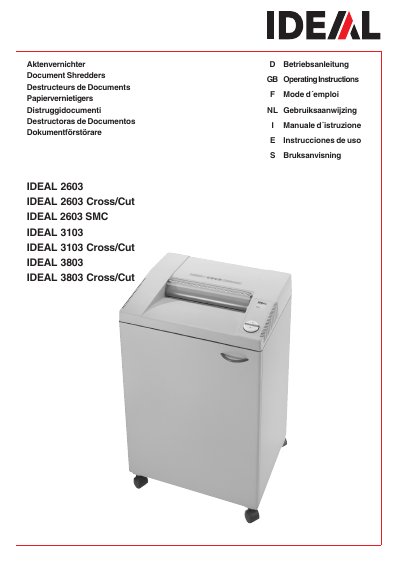 IDEAL 3803 Cross/Cut Document Shredder Operating Instructions - cover page