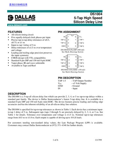 Dallas DS1004 5‑Tap High Speed Silicon Delay Line Datasheet