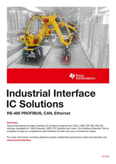 TEXAS INSTRUMENTS Industrial Interface IC Solutions RS-485 PROFIBUS CAN Etherne Manualt - cover page