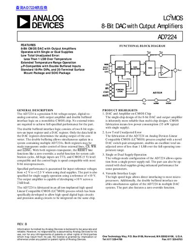 Analog Devices AD7224 8-Bit DAC with Output Amplifiers Datasheet