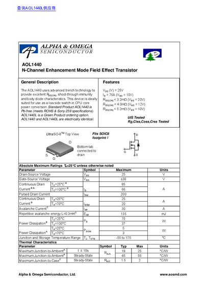 Alpha & Omega Semiconductor AOL1440 N-Channel Enhancement Mode FET Datasheet - cover page