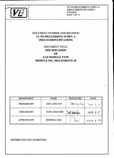 Varitronix MGLS12864TZ-10 LCD Module Specification - cover page