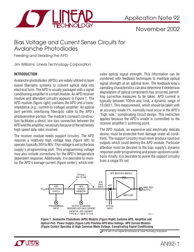 Linear Technology AN92 APD Bias and Current Sense Circuit Application Note - cover page