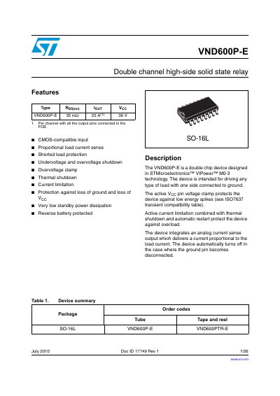 STMicroelectronics VND600P-E Datasheet