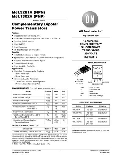ON Semiconductor MJL3281A / MJL1302A Complementary Power Transistor Datasheet - cover page
