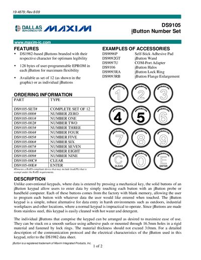 Maxim DS9105 iButton Number Set Product Leaflet - cover page