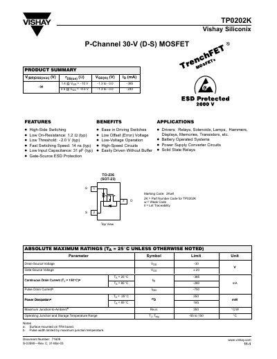 Vishay TP0202K P-Channel MOSFET Datasheet - cover page