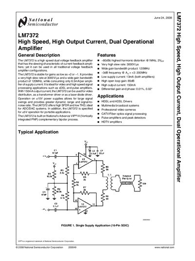 National Semiconductor LM7372 High Speed Dual Operational Amplifier Datasheet - cover page