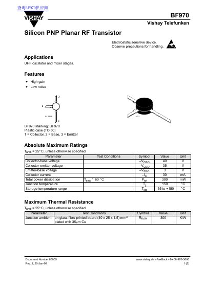 Vishay Telefunken BF970 Silicon PNP Planar RF Transistor Datasheet - cover page