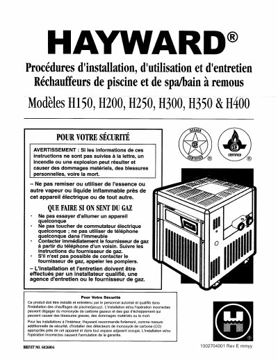 Hayward H150 Pool Heater Installation and Operation Manual