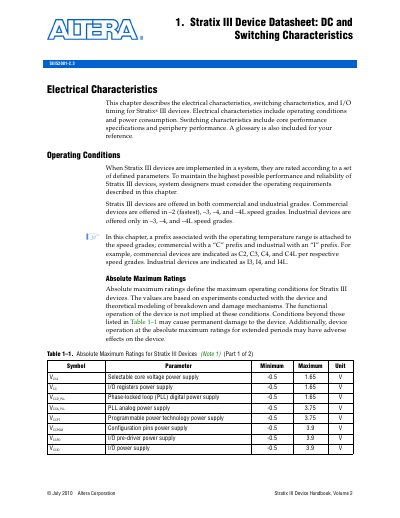 Altera Stratix III Device Datasheet DC and Switching Characteristics - cover page