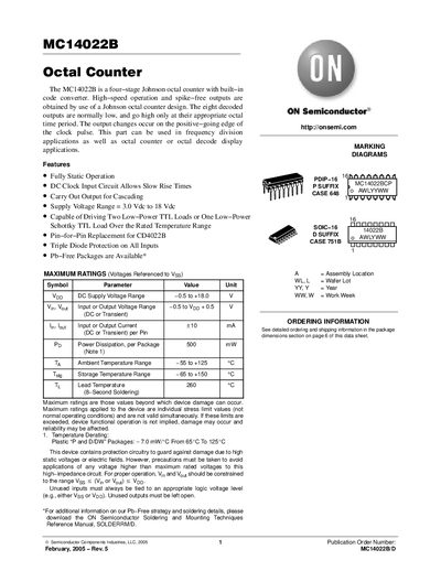 ON Semiconductor MC14022B Octal Counter Datasheet - cover page