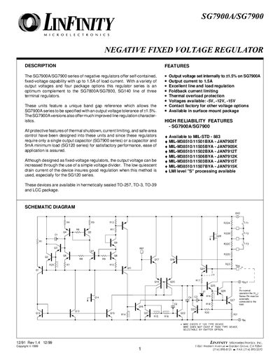 EINFINITY SG7900A/SG7900 Negative Regulator Datasheet - cover page