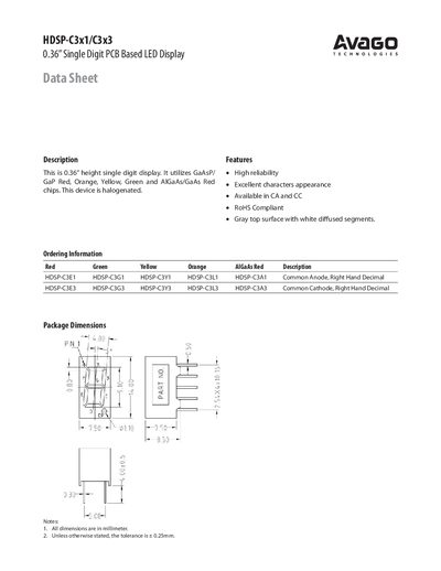 Avago HDSP-C3x1/C3x3 0.36" Single Digit PCB LED Display Data Sheet - cover page