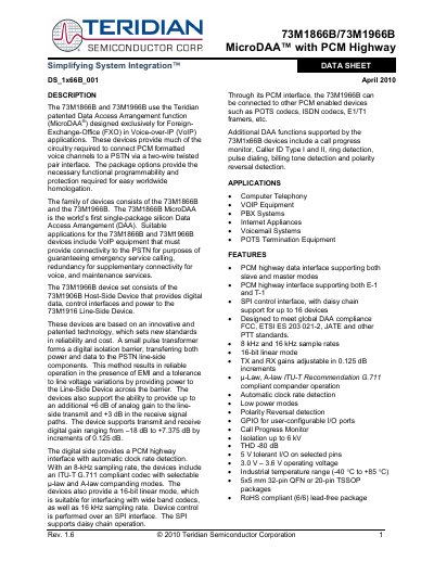 Teridian 73M1866B/73M1966B MicroDAA Datasheet - cover page