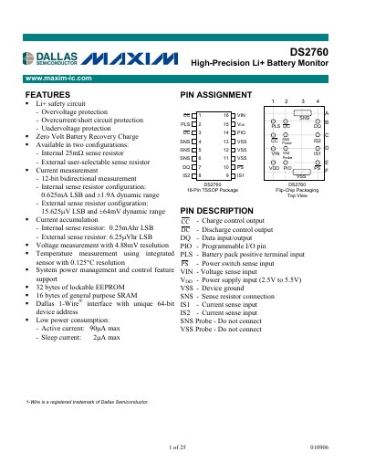 Maxim DS2760 High-Precision Li+ Battery Monitor Datasheet - cover page