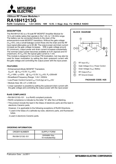 Mitsubishi Electric RA18H1213G Silicon RF Power Module Datasheet - cover page