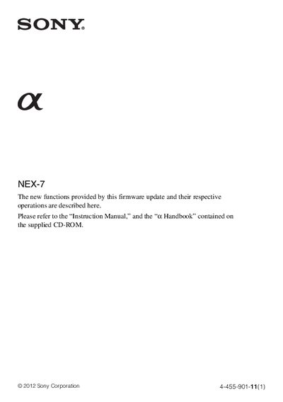 Sony NEX-7 Digital Camera Firmware Update Instructions - cover page