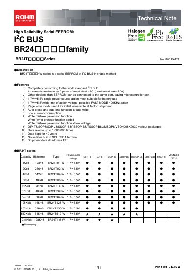 ROHM BR24T Series Serial EEPROM Technical Note - cover page