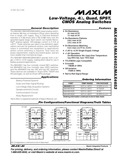 Maxim Integrated MAX4651/MAX4652/MAX4653 Quad Analog Switch Datasheet - cover page