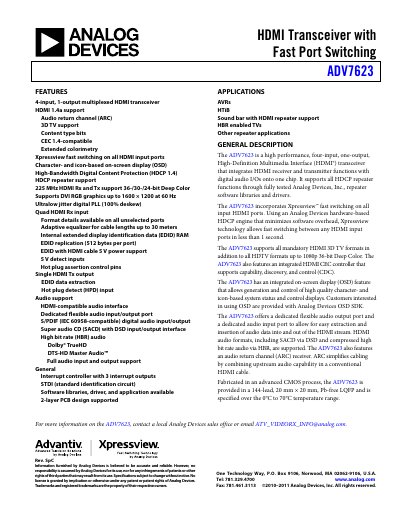 Analog Devices ADV7623 HDMI Transceiver Datasheet - cover page