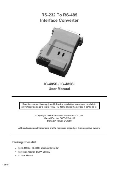 Aten IC-485S/IC-485SI RS-232 to RS-485 Interface Converter User Manual - cover page