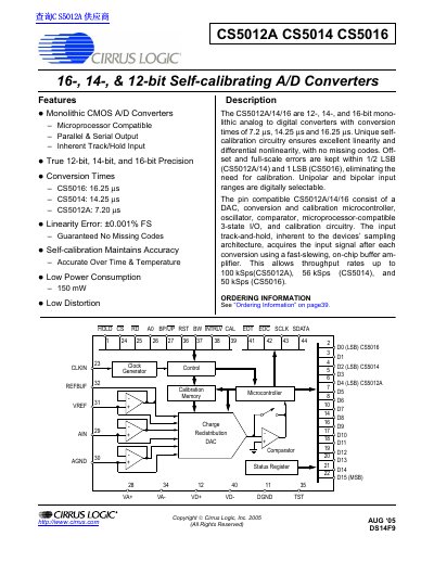 16- 14- 12-bit Self-calibrating A/D Converters CS5012A CS5014 CS5016 Manual - cover page