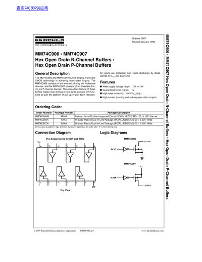Fairchild Semiconductor Corporation MM74C906/MM74C907 Hex Open Drain Buffers Datasheet - cover page