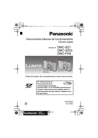Panasonic DMC-SZ1/SZ02/FH8 Digital Camera User Manual - cover page