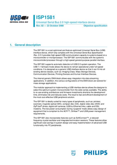 Philips ISP1581 USB 2.0 HS Interface Device Specification - cover page