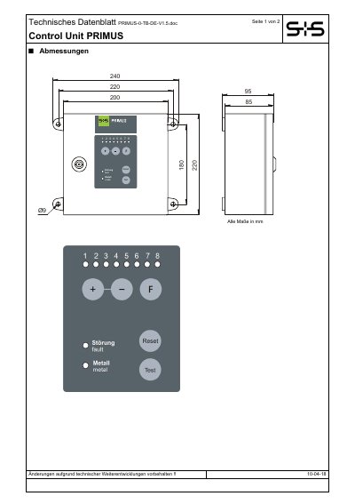 S'S PRIMUS Control Unit Technical Data Sheet - cover page